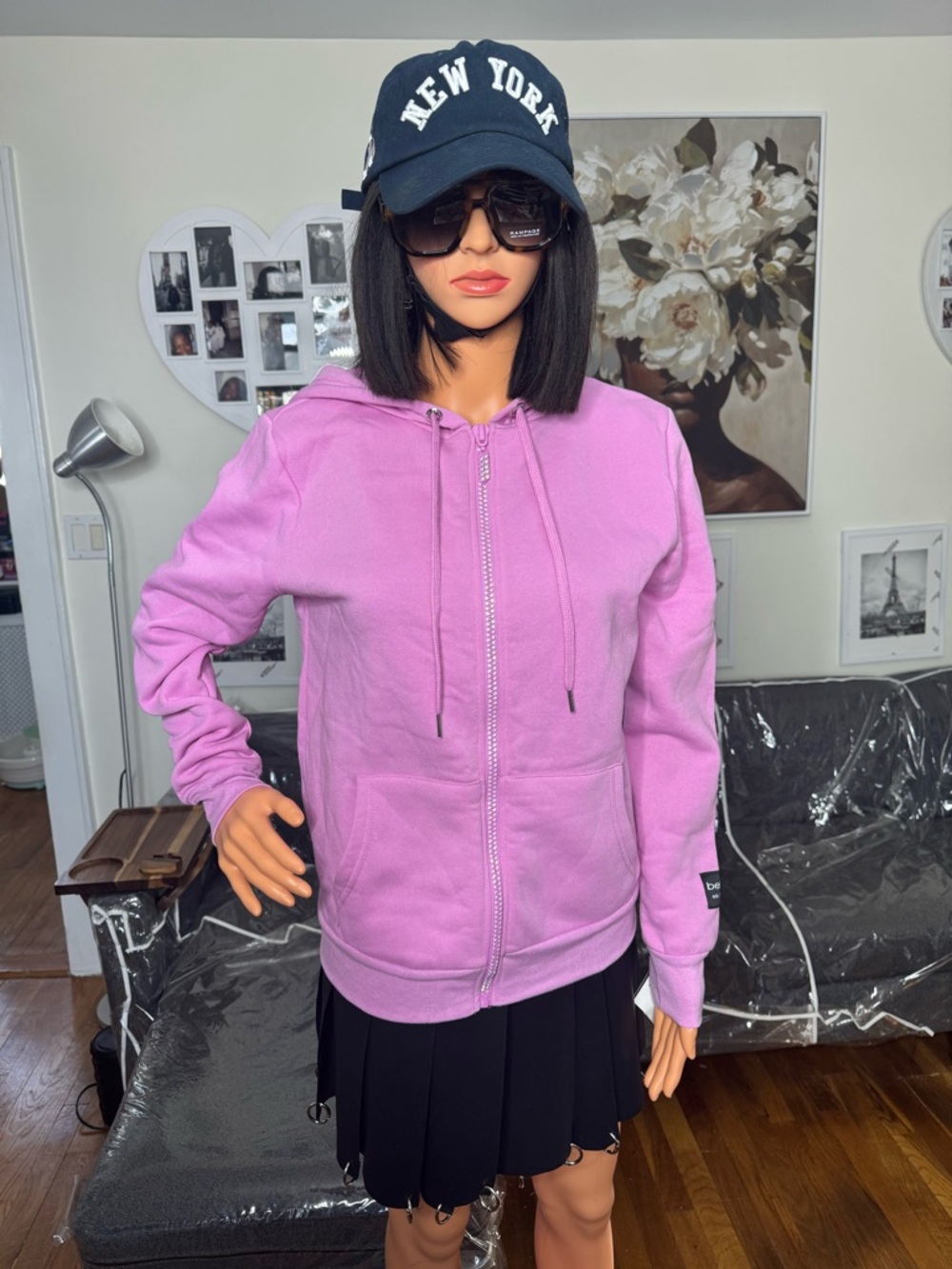 Bebe Lilac Rhinestone‎ Bling Zip Hoodie Y2K Glam Sparkle Gym Jacket Casual Chic